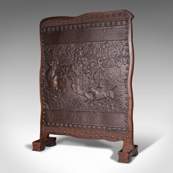 Antique Embossed Fire Screen, Oak, Leather, Fireside, Arts And Crafts, Edwardian