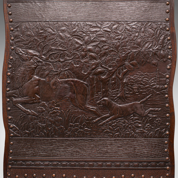 Antique Embossed Fire Screen, Oak, Leather, Fireside, Arts And Crafts, Edwardian