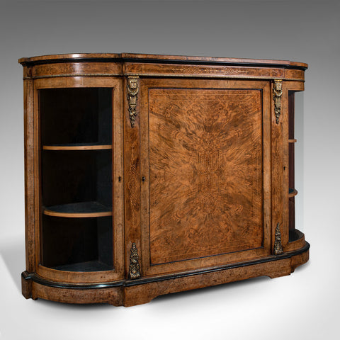 Antique Credenza, English, Burr Walnut, Sideboard, Display Cabinet, Regency
