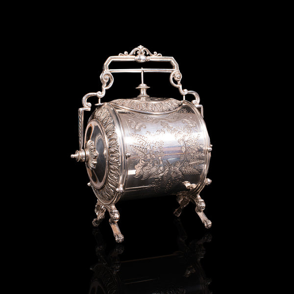 Antique Engraved Biscuit Barrel, Silver Plate, Decorative Jar, Victorian, C.1860