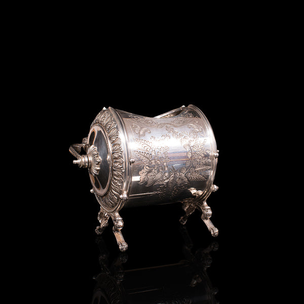 Antique Engraved Biscuit Barrel, Silver Plate, Decorative Jar, Victorian, C.1860