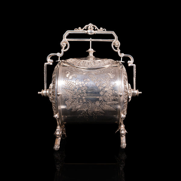 Antique Engraved Biscuit Barrel, Silver Plate, Decorative Jar, Victorian, C.1860