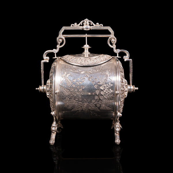 Antique Engraved Biscuit Barrel, Silver Plate, Decorative Jar, Victorian, C.1860