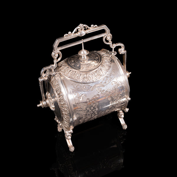 Antique Engraved Biscuit Barrel, Silver Plate, Decorative Jar, Victorian, C.1860