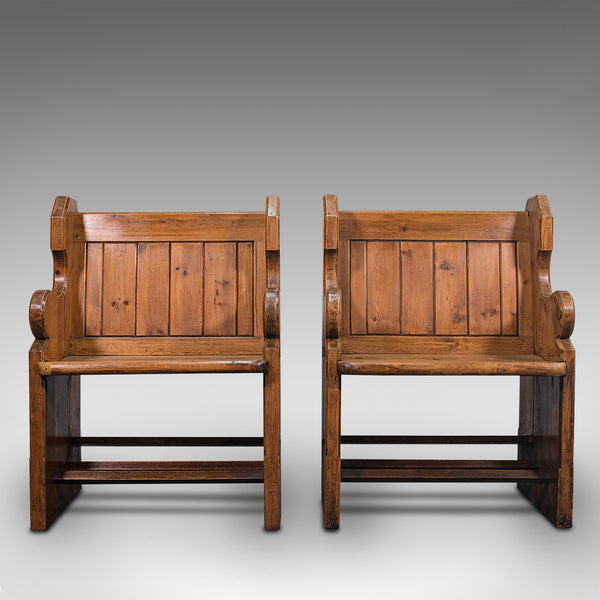 Pair Of Antique Hall Seats, English, Pine, Reception, Conservatory, Victorian