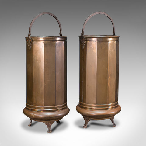 Pair Of, Antique Stick Stands, Brass, Umbrella Rack, Fireside Bin, Victorian