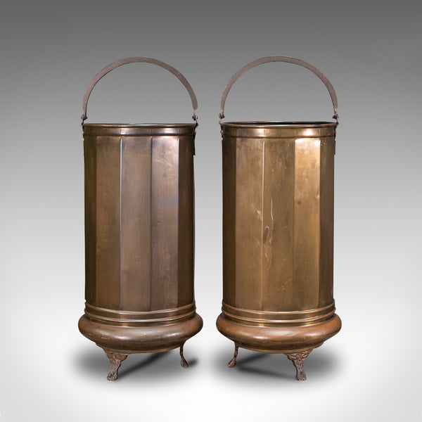 Pair Of, Antique Stick Stands, Brass, Umbrella Rack, Fireside Bin, Victorian