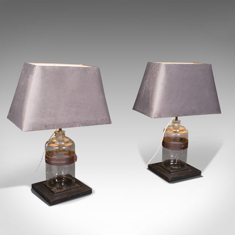 Pair Of, Antique Jar Lamps, English, Glass, Slate, Side Light, Victorian, C.1900