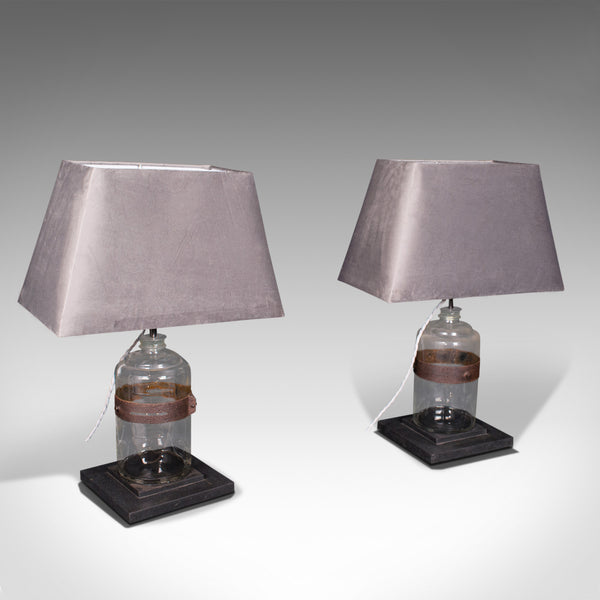 Pair Of, Antique Jar Lamps, English, Glass, Slate, Side Light, Victorian, C.1900