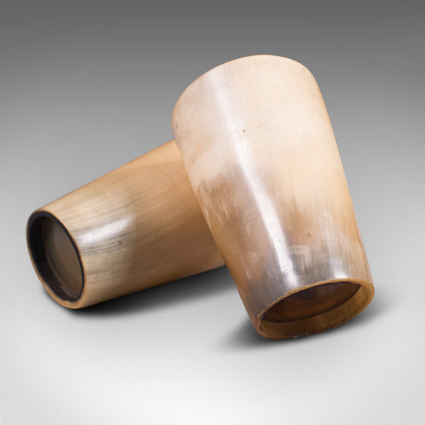 Pair Of Antique Scrimshaw Cups, Welsh, Ram's Horn, Carved Tumbler, Victorian