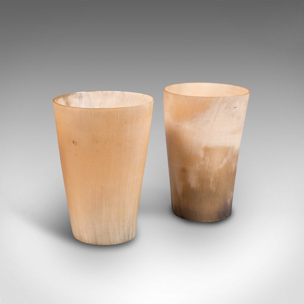 Pair Of Antique Scrimshaw Cups, Welsh, Ram's Horn, Carved Tumbler, Victorian