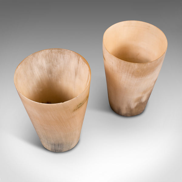 Pair Of Antique Scrimshaw Cups, Welsh, Ram's Horn, Carved Tumbler, Victorian