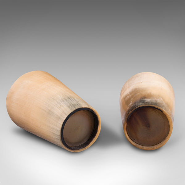 Pair Of Antique Scrimshaw Cups, Welsh, Ram's Horn, Carved Tumbler, Victorian