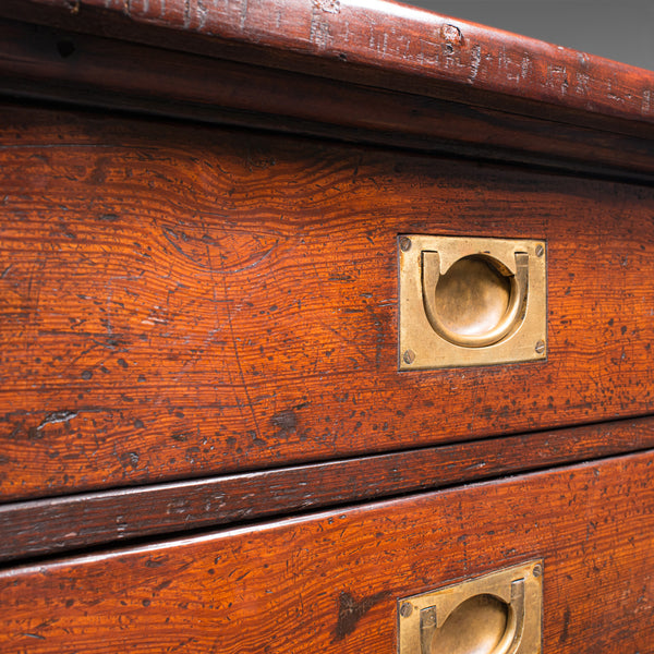 Antique Campaign Chest Of Drawers, English, Pitch Pine, Shop Retail, Victorian