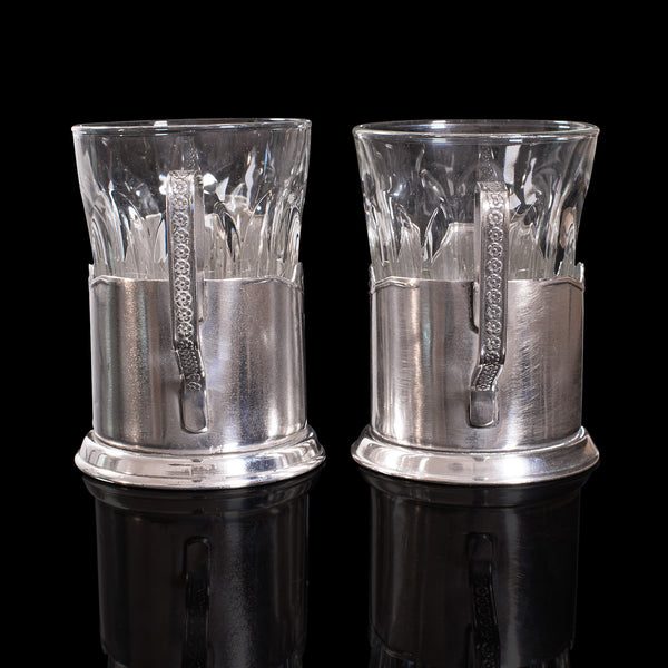 Pair Of, Vintage Podstakannik Cups, Russian, Silver Plate, USSR, Sputnik, 1950