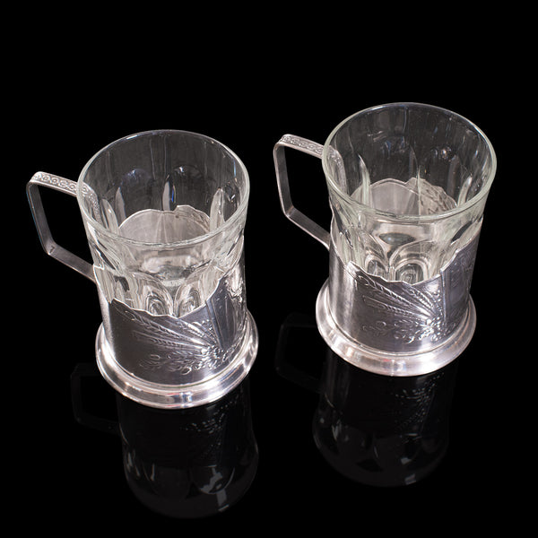 Pair Of, Vintage Podstakannik Cups, Russian, Silver Plate, USSR, Sputnik, 1950