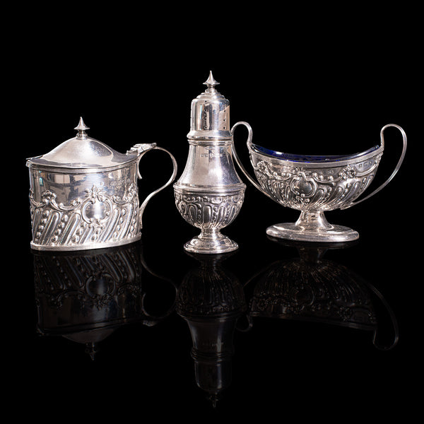 Antique Decorative Condiment Set, English, Silver, Hallmarked, Edwardian, 1909