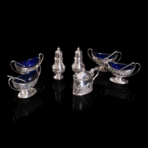 Antique Decorative Condiment Set, English, Silver, Hallmarked, Edwardian, 1909