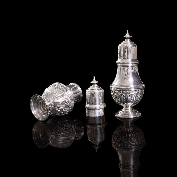 Antique Decorative Condiment Set, English, Silver, Hallmarked, Edwardian, 1909