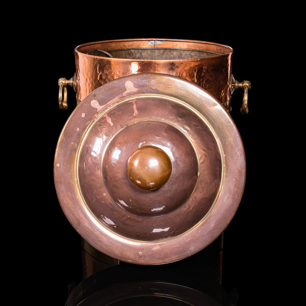 Antique Fireside Bin, English, Copper, Brass, Decorative, Scuttle, Edwardian