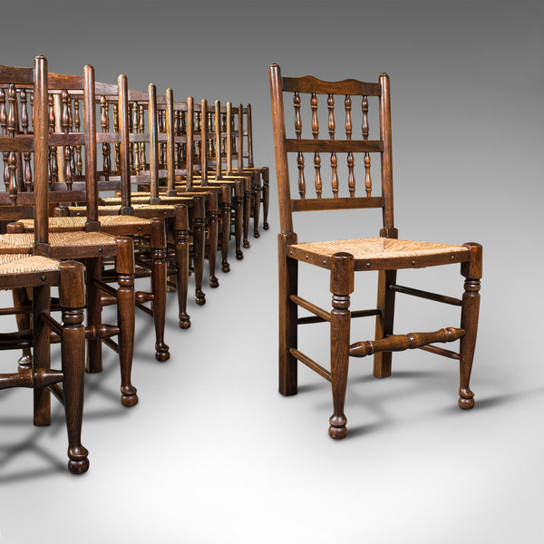 Set Of 12, Antique Lancashire Chairs, Beech, Spindle Back, Seat, Edwardian, 1910