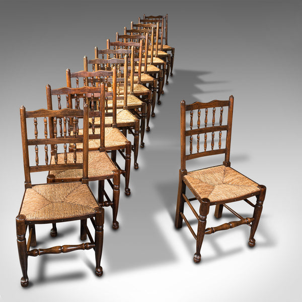 Set Of 12, Antique Lancashire Chairs, Beech, Spindle Back, Seat, Edwardian, 1910