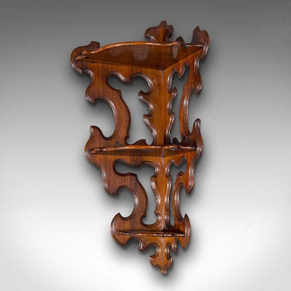 Antique 3 Tier Hanging Whatnot, English, Rosewood, Corner Wall Shelf, Victorian