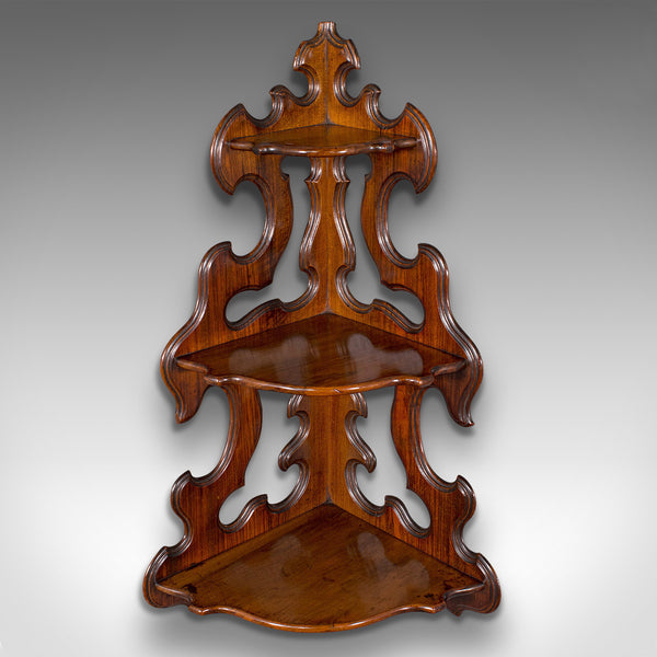 Antique 3 Tier Hanging Whatnot, English, Rosewood, Corner Wall Shelf, Victorian