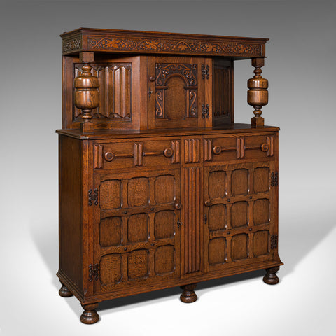 Antique Carved Court Cabinet, English, Oak, Sideboard, Jacobean Revival, C.1910