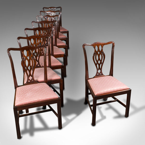 8 Antique Chippendale Revival Chairs, English, Mahogany, Dining Seat, Victorian