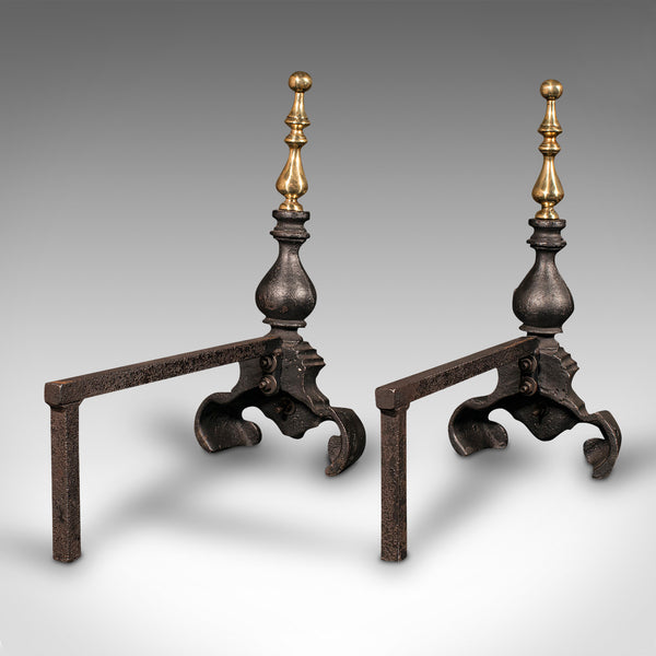 Pair, Antique Fireside Tool Rests, English, Cast Iron, Brass, Andiron, Victorian
