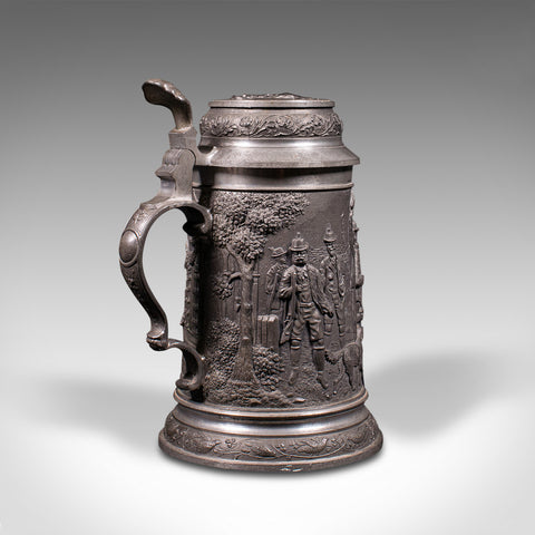 Antique Bavarian Beer Stein, German, Pewter, Jug, Decorative Relief, Circa 1920