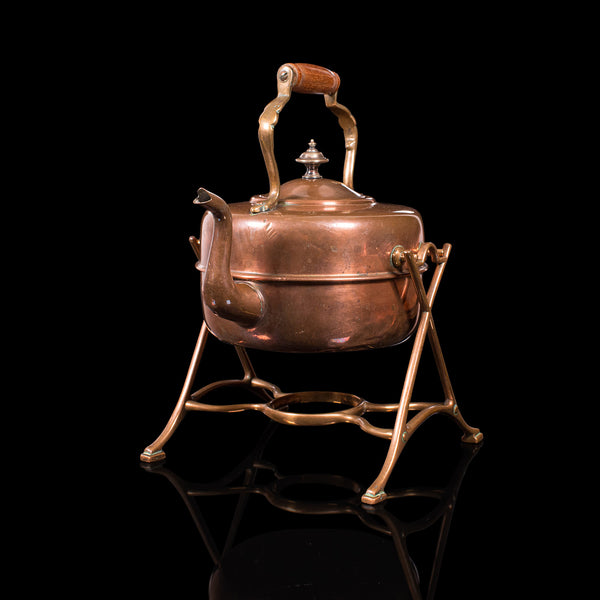 Antique Spirit Kettle, English, Copper, Brass, Teakettle, Stand, Victorian, 1900