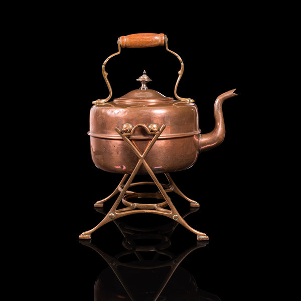 Antique Spirit Kettle, English, Copper, Brass, Teakettle, Stand, Victorian, 1900