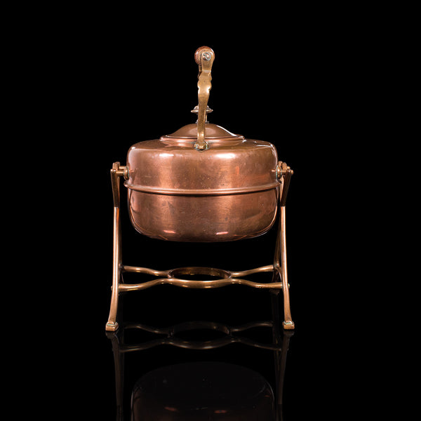 Antique Spirit Kettle, English, Copper, Brass, Teakettle, Stand, Victorian, 1900