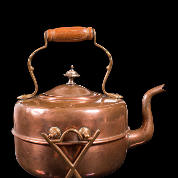Antique Spirit Kettle, English, Copper, Brass, Teakettle, Stand, Victorian, 1900