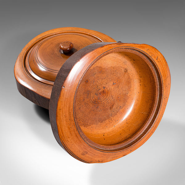 Pair Of Antique Carved Lidded Bowls, Treen, English, Yew, Victorian, Circa 1900