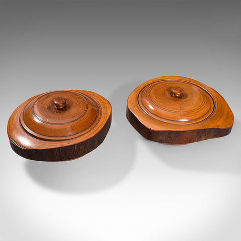 Pair Of Antique Carved Lidded Bowls, Treen, English, Yew, Victorian, Circa 1900
