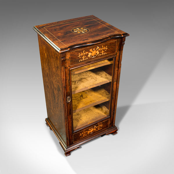 Antique Music Cabinet, English, Rosewood, Display Case, Inlay, Victorian, C.1870