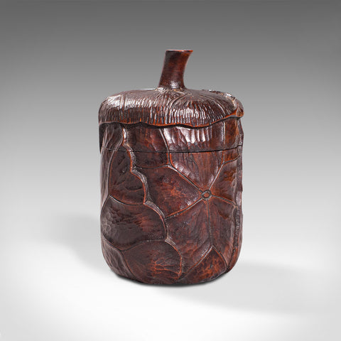 Small Antique Lidded Pot, Oriental, Chinese Elm, Carved Treen, Victorian, C.1900