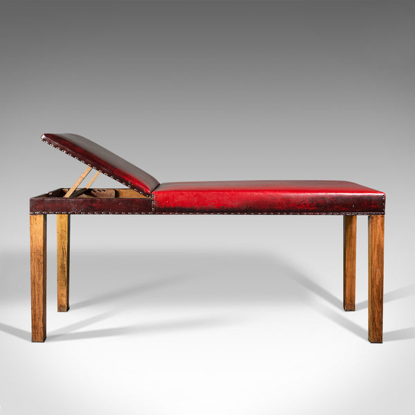 Antique Medical Consultant's Bench, English, Leather, Oak, Massage, Table, 1910