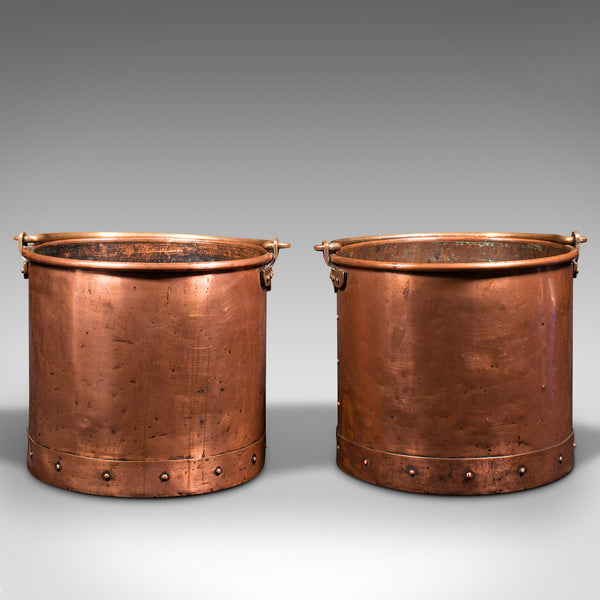 Pair Of Antique Fireside Bins, English, Copper, Coal, Fire Bucket, Victorian