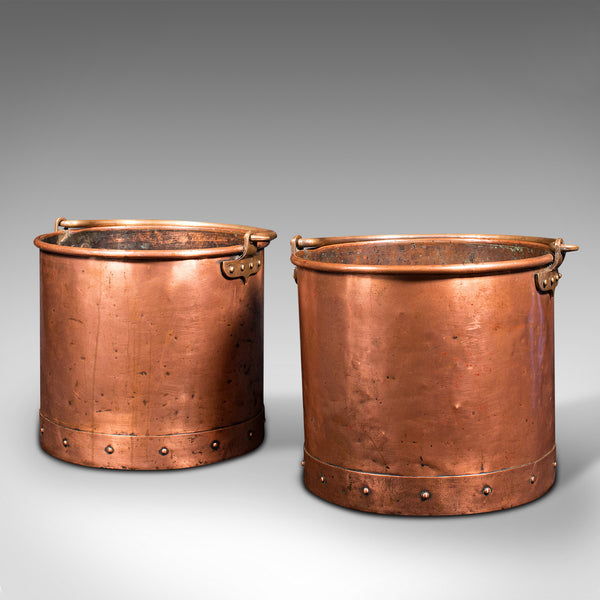 Pair Of Antique Fireside Bins, English, Copper, Coal, Fire Bucket, Victorian