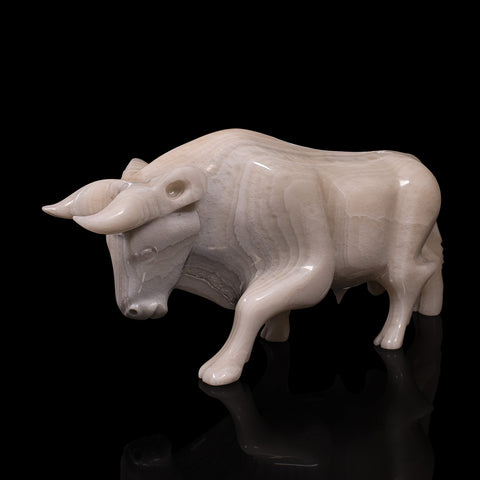 Vintage Carved Bull, English, White Onyx, Ornamental Display Figure, Circa 1950
