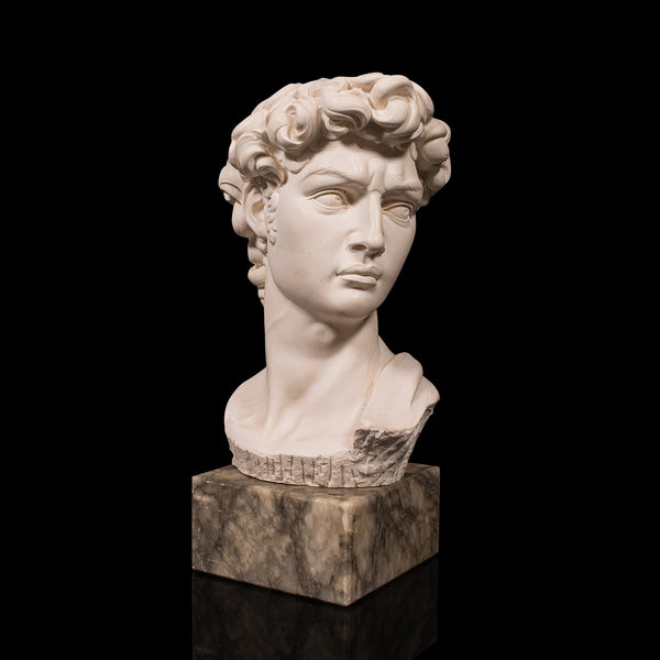 Vintage Portrait Bust, Italian, Marble Base, Statue, Michelangelo, David, Decor