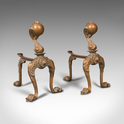 Pair, Antique Decorative Fireside Tool Rests, French, Brass, Andiron, Victorian