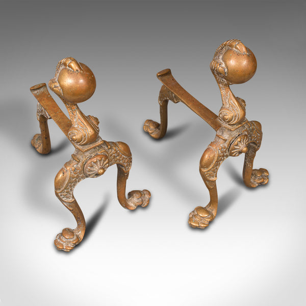 Pair, Antique Decorative Fireside Tool Rests, French, Brass, Andiron, Victorian