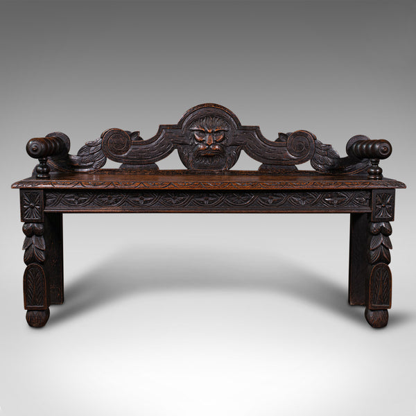 Antique Gothic Bench, Scottish, Oak, Love Seat, Hall Pew, Victorian, Circa 1850