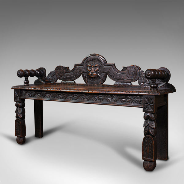 Antique Gothic Bench, Scottish, Oak, Love Seat, Hall Pew, Victorian, Circa 1850