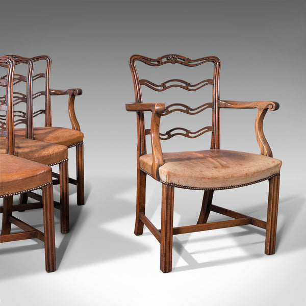 Set Of 4 Vintage Ladder Back Chairs, Irish, Carver, Seat, Art Deco, Circa 1940